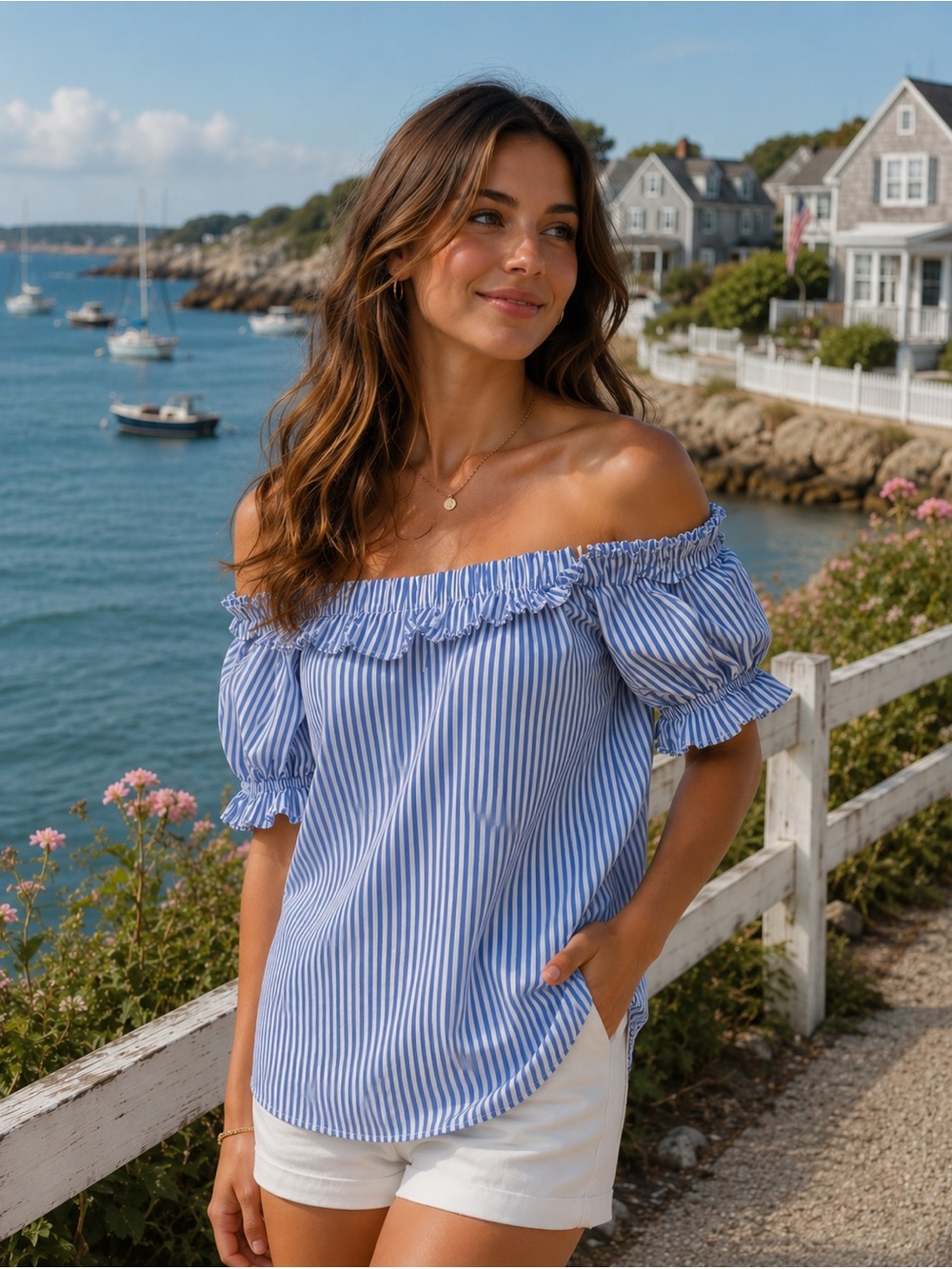 Vineyard Vines Blue and White Stripe Off-Shoulder Top. Size XS